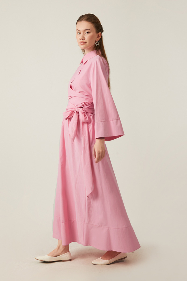 Belden Bağlamalı Poplin Etek Takım Pembe - 7