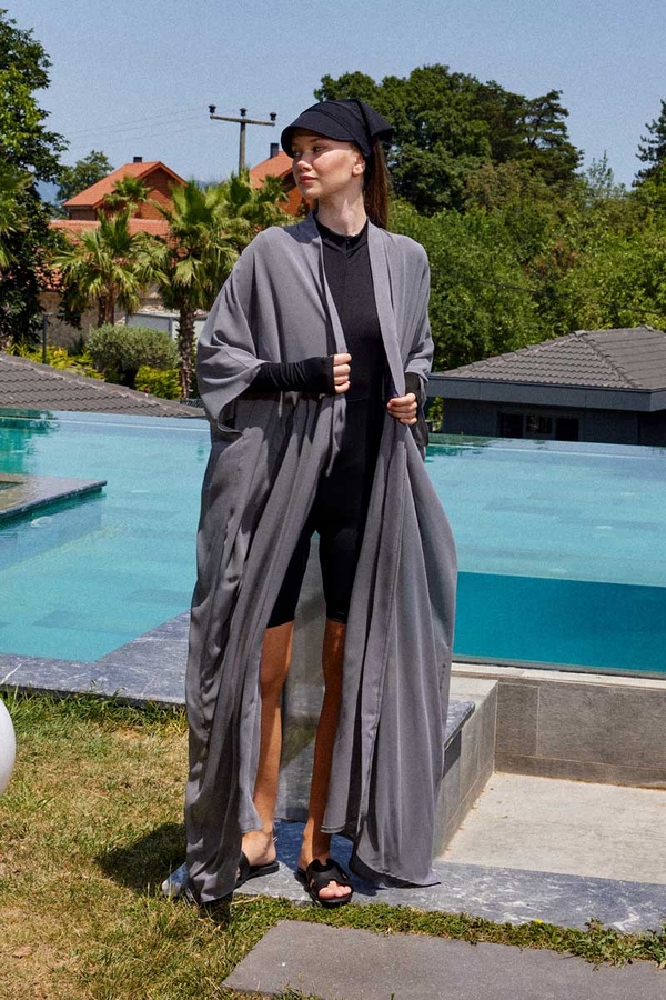 Belden Bağlamalı Uzun Pareo Gri - 5