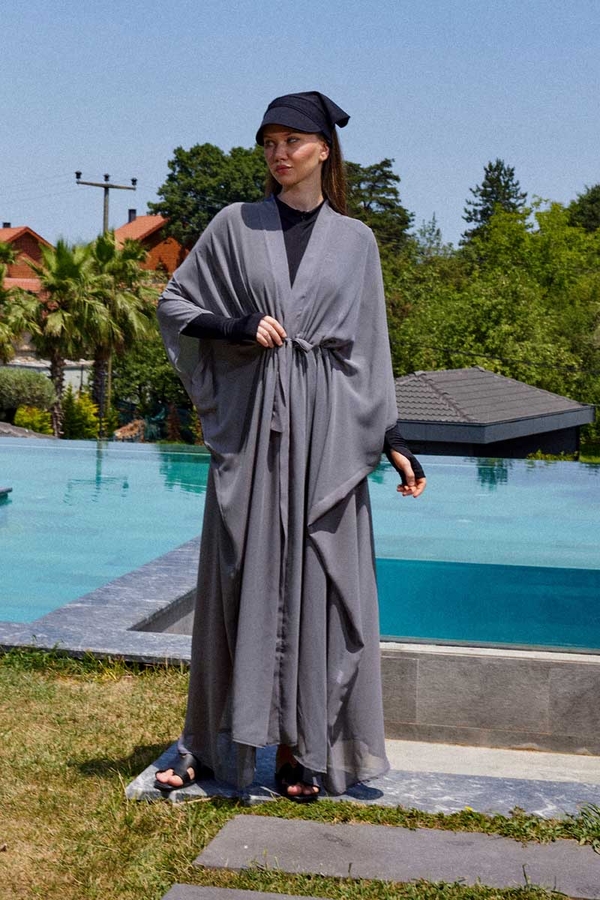 Belden Bağlamalı Uzun Pareo Gri - 3