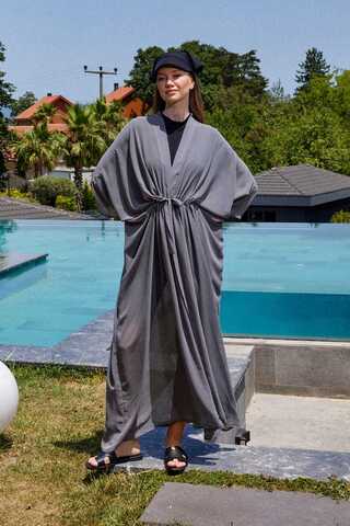 Belden Bağlamalı Uzun Pareo Gri - 1