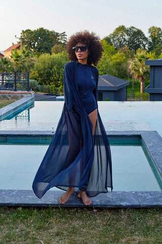 Belden Bağlamalı Uzun Pareo Lacivert - 1