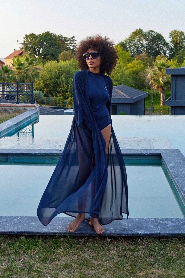 Belden Bağlamalı Uzun Pareo Lacivert - 1