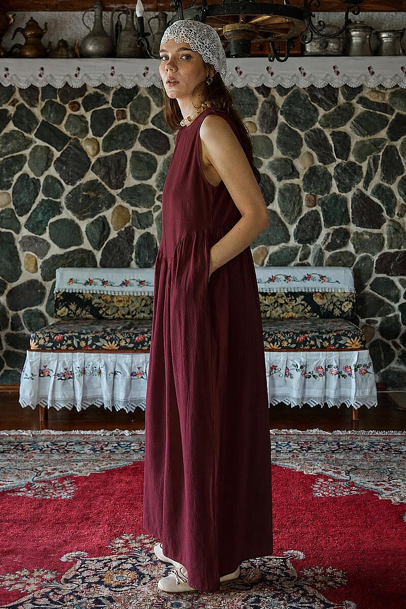 Belden Büzgülü Sıfır Kol Elbise Bordo