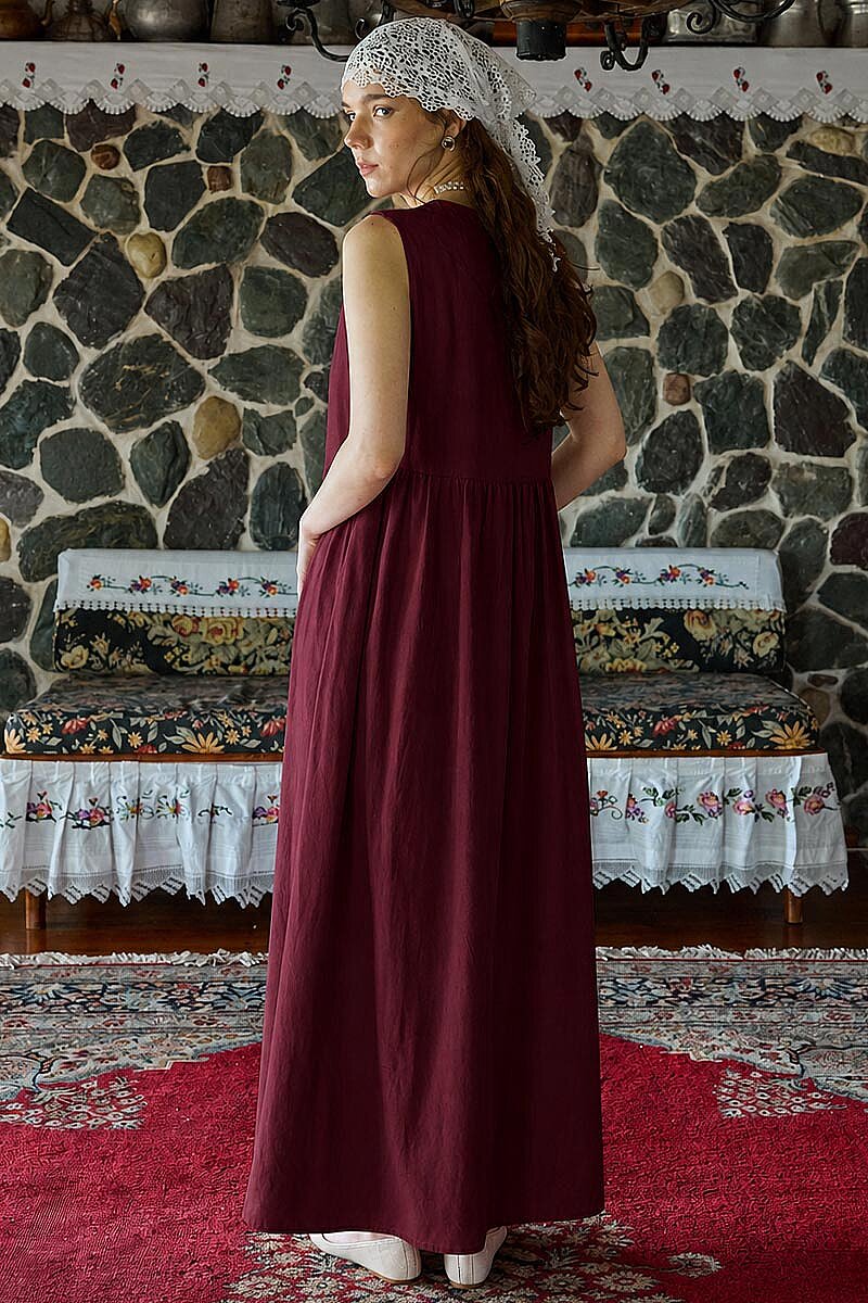 Belden Büzgülü Sıfır Kol Elbise Bordo - 2