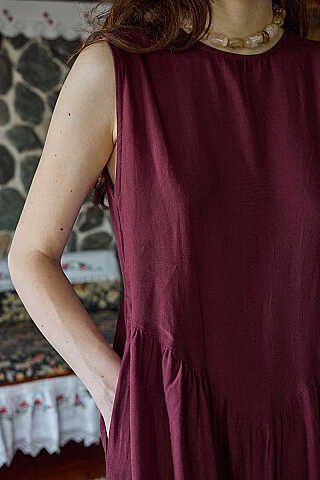 Belden Büzgülü Sıfır Kol Elbise Bordo - 3