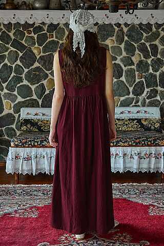 Belden Büzgülü Sıfır Kol Elbise Bordo - 4