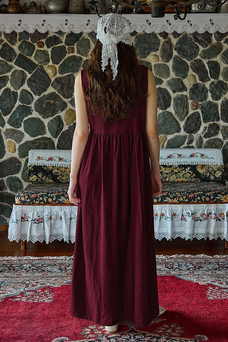 Belden Büzgülü Sıfır Kol Elbise Bordo - 4