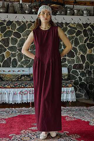 Belden Büzgülü Sıfır Kol Elbise Bordo - 5