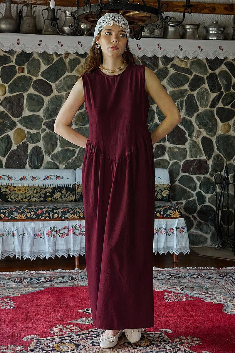 Belden Büzgülü Sıfır Kol Elbise Bordo - 5