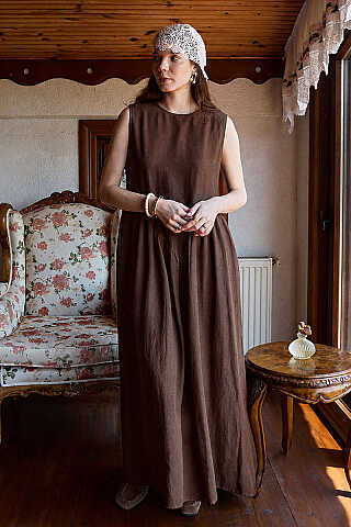 Belden Büzgülü Sıfır Kol Elbise Kahve - 3