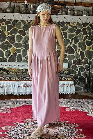 Belden Büzgülü Sıfır Kol Elbise Pembe - 1