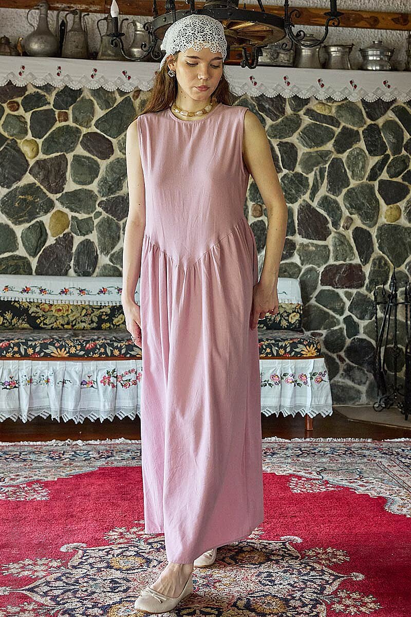 Belden Büzgülü Sıfır Kol Elbise Pembe