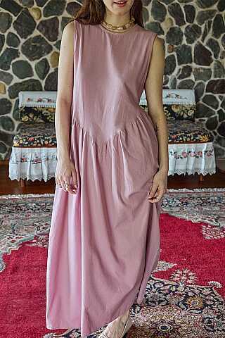 Belden Büzgülü Sıfır Kol Elbise Pembe - 2