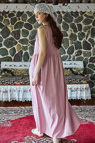 Belden Büzgülü Sıfır Kol Elbise Pembe - 5