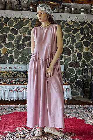 Belden Büzgülü Sıfır Kol Elbise Pembe - 6