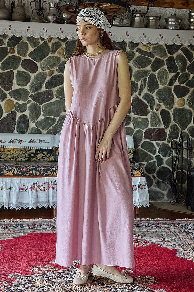 Belden Büzgülü Sıfır Kol Elbise Pembe - 6