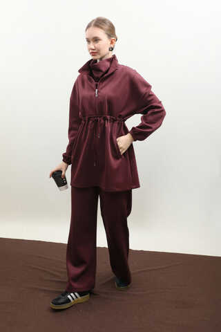 Belden Sıkmalı Eşofman Takım Bordo - 3