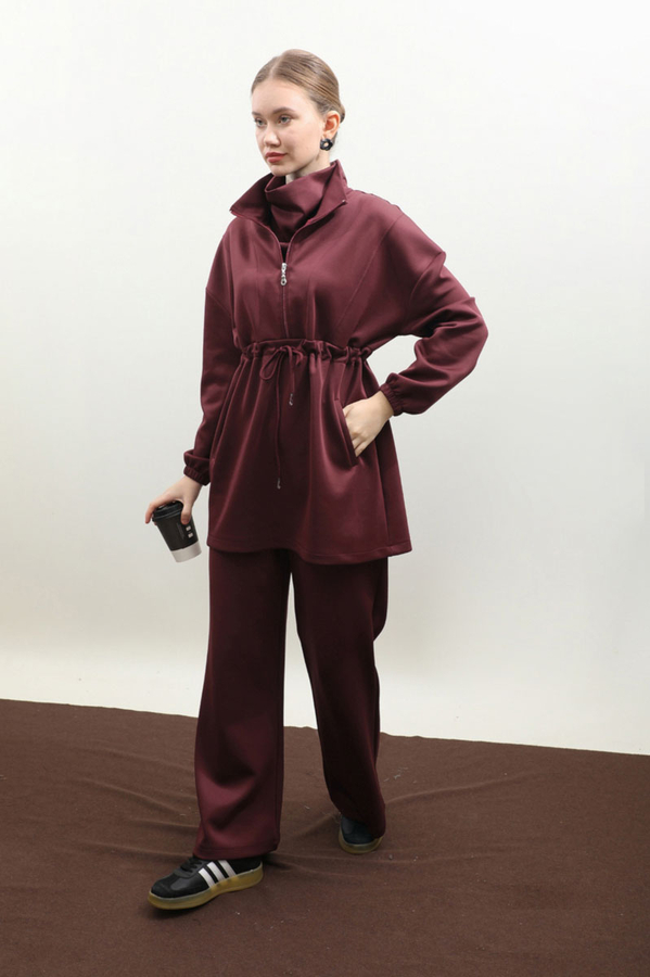 Belden Sıkmalı Eşofman Takım Bordo - 3