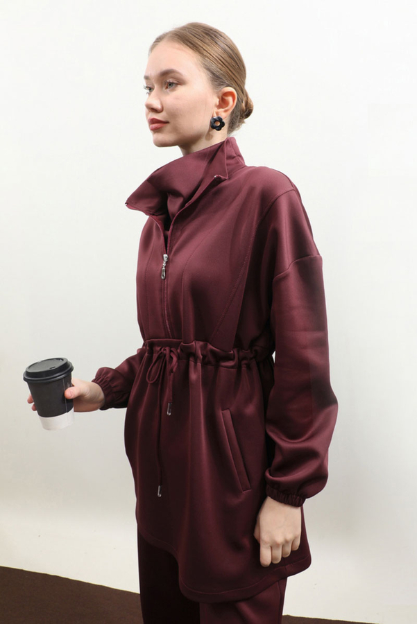 Belden Sıkmalı Eşofman Takım Bordo - 4