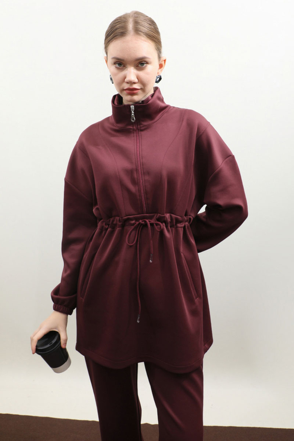 Belden Sıkmalı Eşofman Takım Bordo - 7