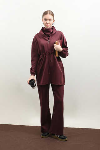 Belden Sıkmalı Eşofman Takım Bordo - 2