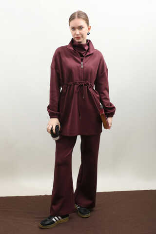 Belden Sıkmalı Eşofman Takım Bordo - 1