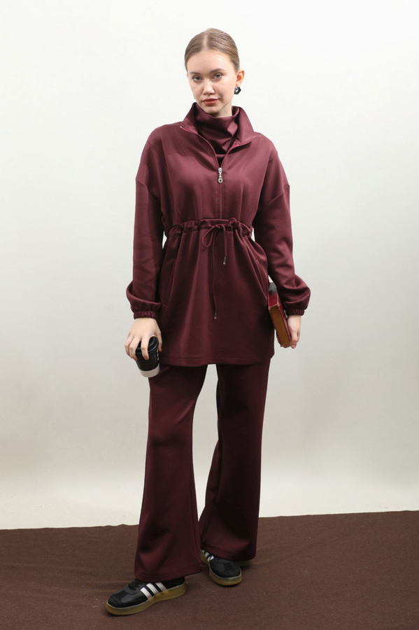 Belden Sıkmalı Eşofman Takım Bordo - 1