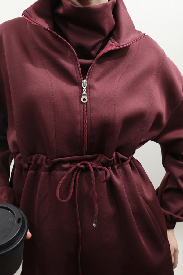 Belden Sıkmalı Eşofman Takım Bordo - 5