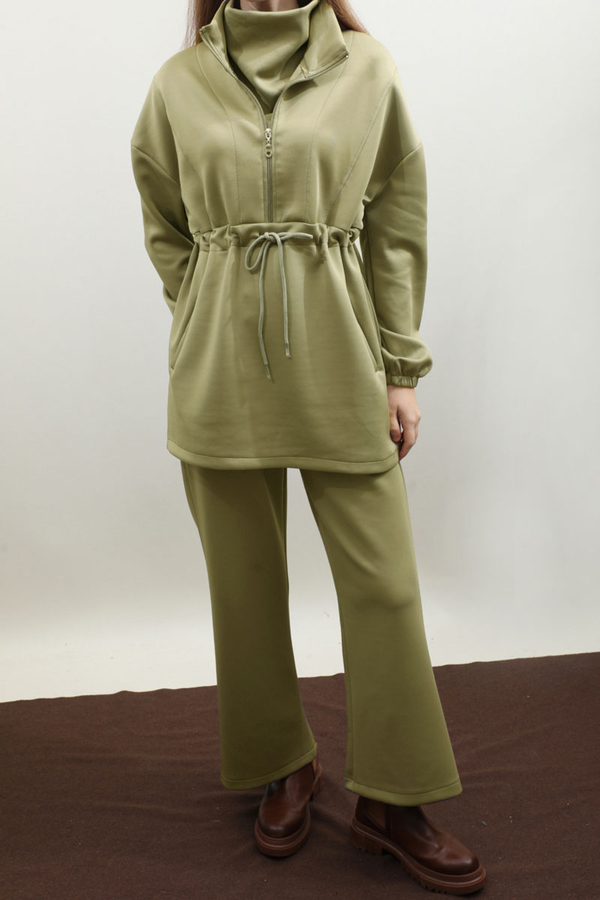 Belden Sıkmalı Eşofman Takım Haki - 5