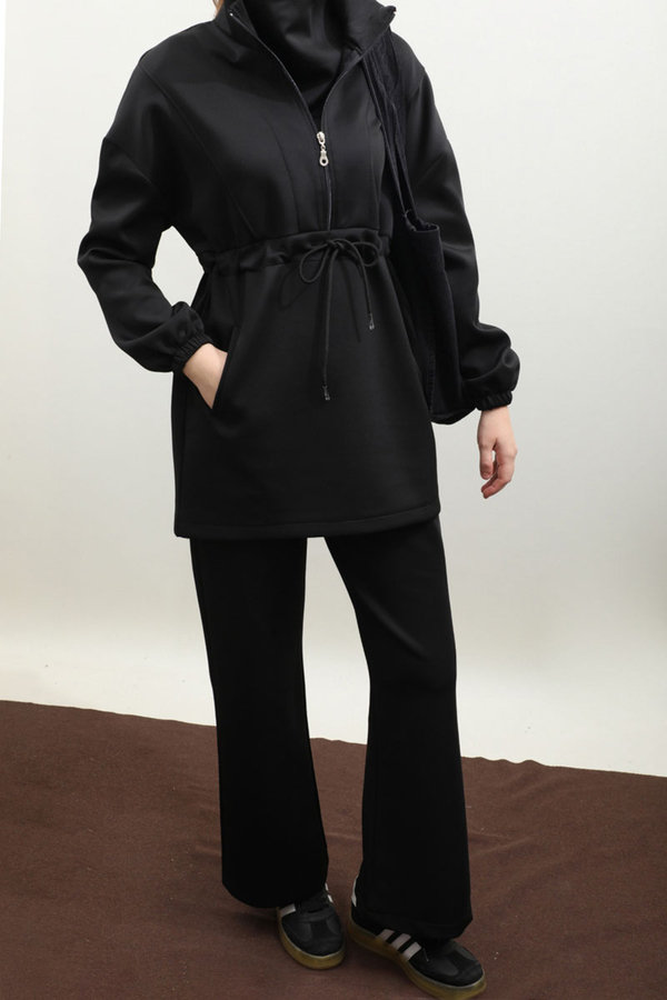 Belden Sıkmalı Eşofman Takım Siyah 