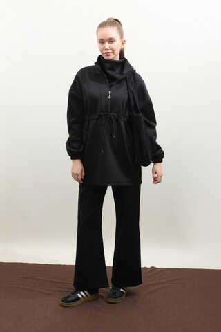 Belden Sıkmalı Eşofman Takım Siyah - 2