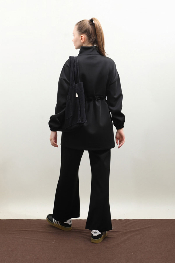 Belden Sıkmalı Eşofman Takım Siyah - 6