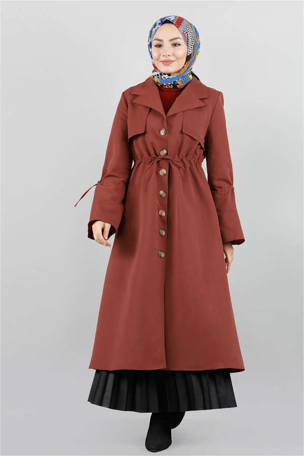 Beli Bağcıklı Kiremit Trençkot - 4