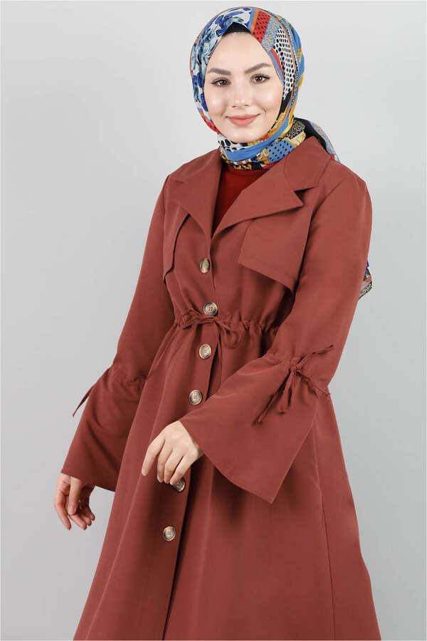 Beli Bağcıklı Kiremit Trençkot - 3