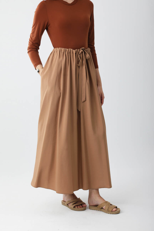 Beli Büzgülü Etek Açık Taba - 3