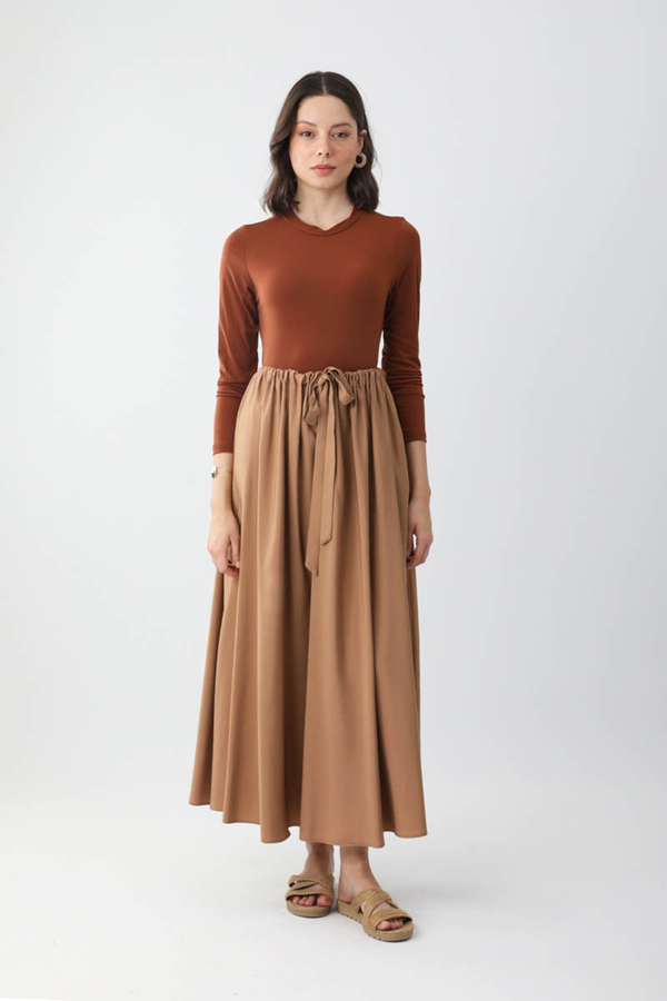 Beli Büzgülü Etek Açık Taba - 1