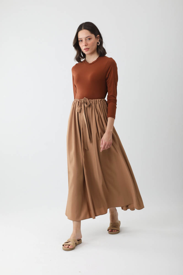 Beli Büzgülü Etek Açık Taba - 5