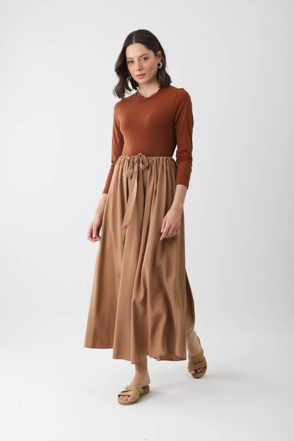 Beli Büzgülü Etek Açık Taba - 6