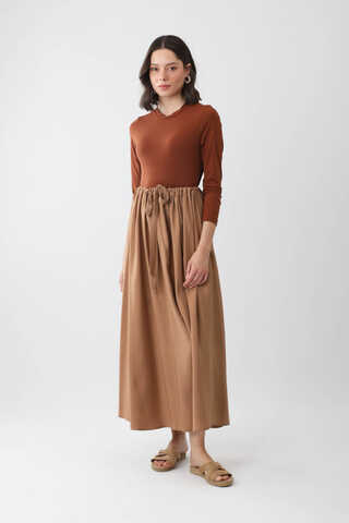 Beli Büzgülü Etek Açık Taba - 4