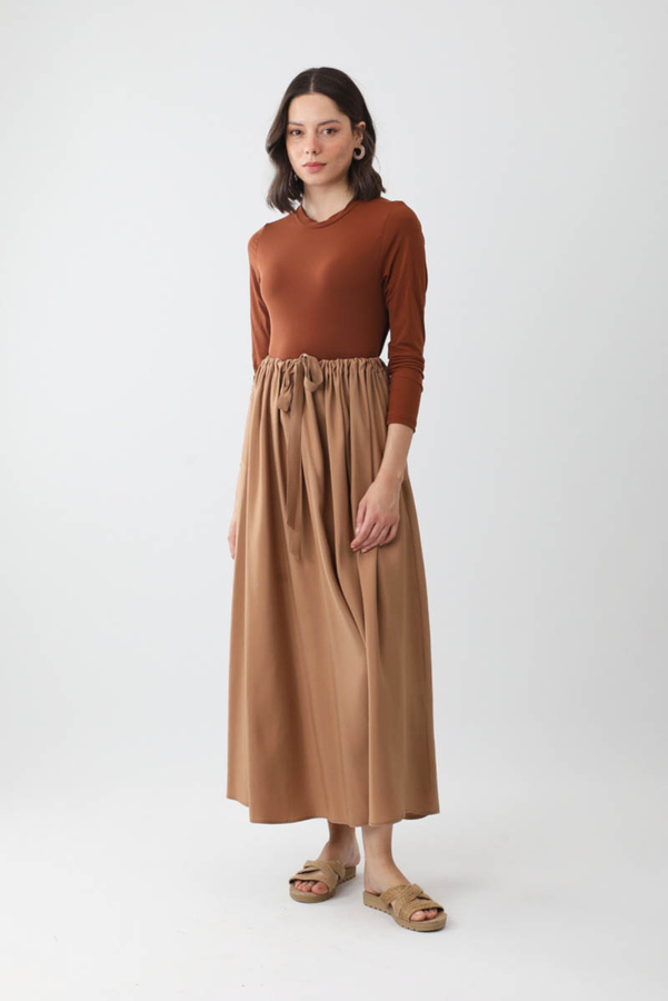 Beli Büzgülü Etek Açık Taba - 4