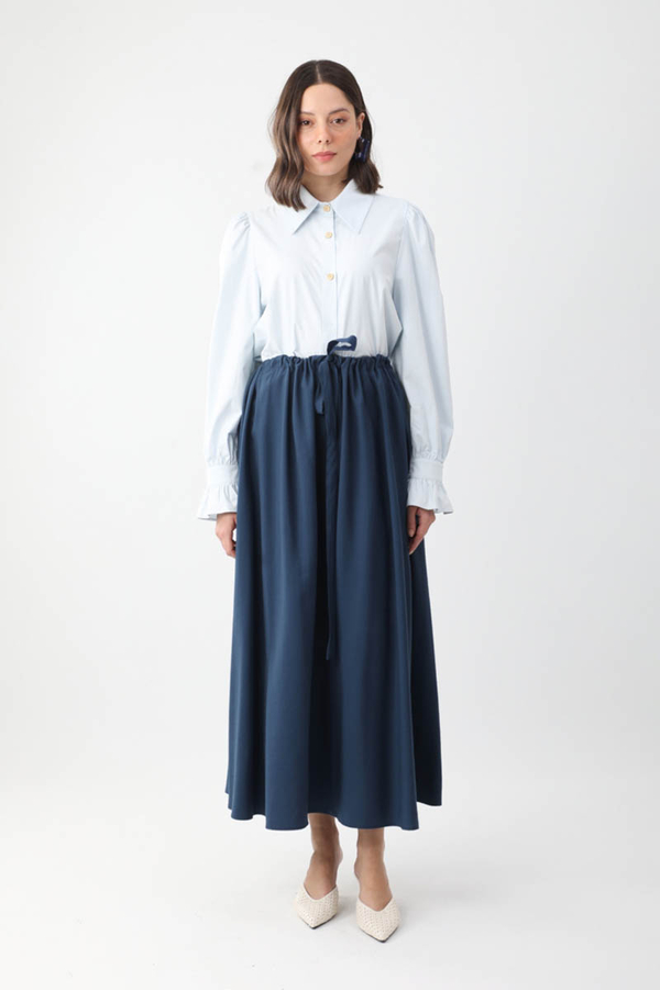 Beli Büzgülü Etek Lacivert - 2