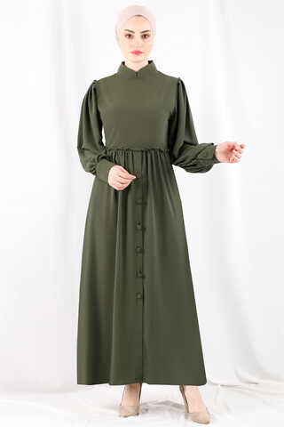 Beli Fırfırlı Düğmeli Elbise Haki - 1