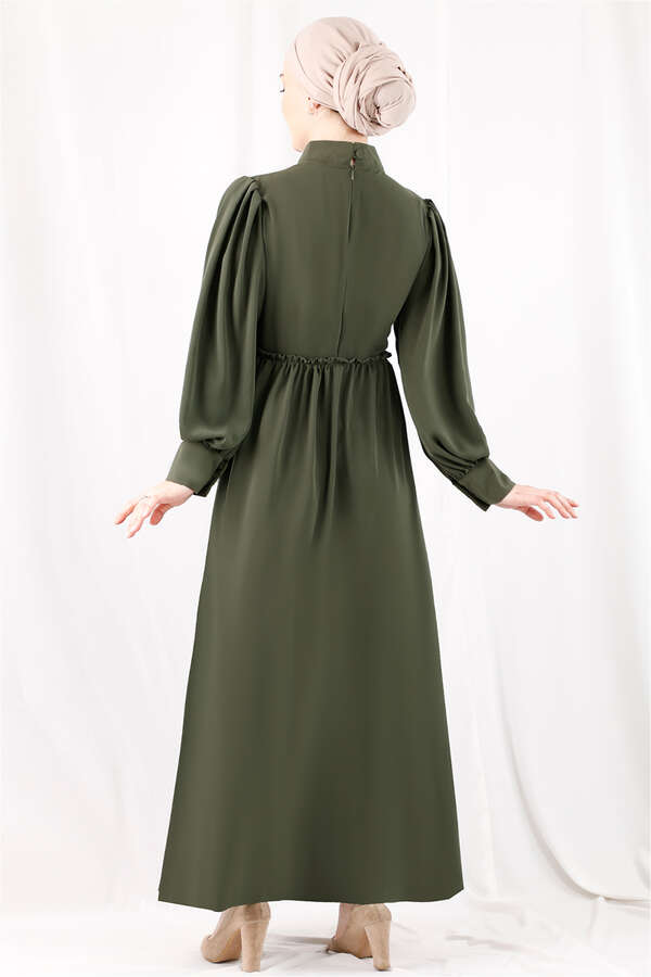 Beli Fırfırlı Düğmeli Elbise Haki - 5