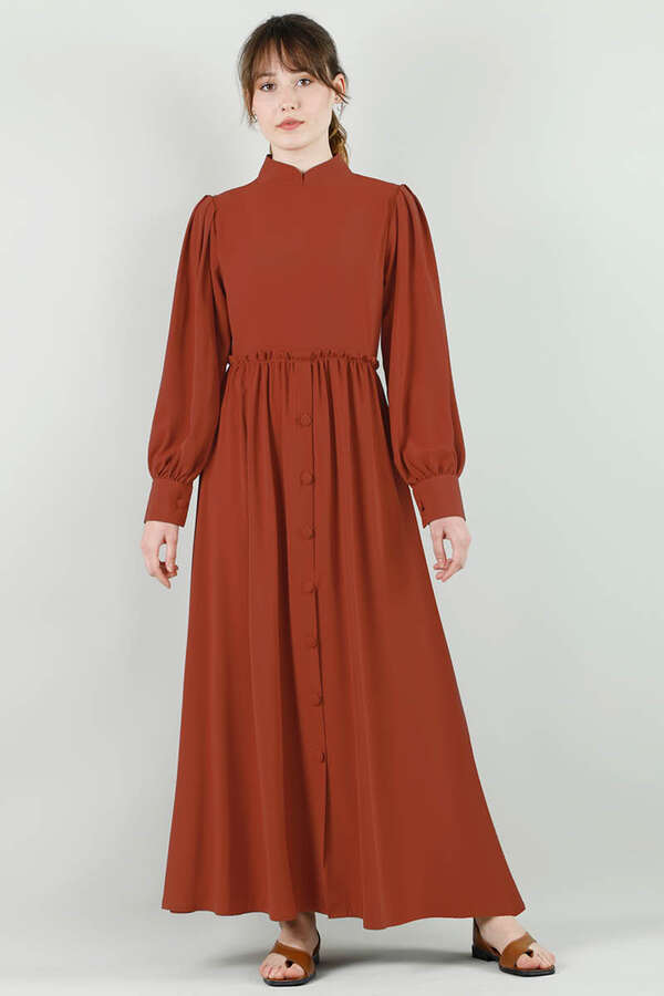 Beli Fırfırlı Düğmeli Elbise Kiremit - 2