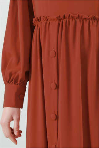 Beli Fırfırlı Düğmeli Elbise Kiremit - 4