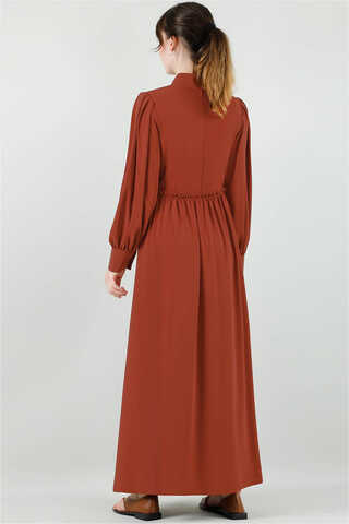 Beli Fırfırlı Düğmeli Elbise Kiremit - 6