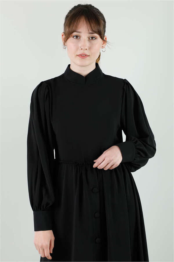 Beli Fırfırlı Düğmeli Elbise Siyah - 3