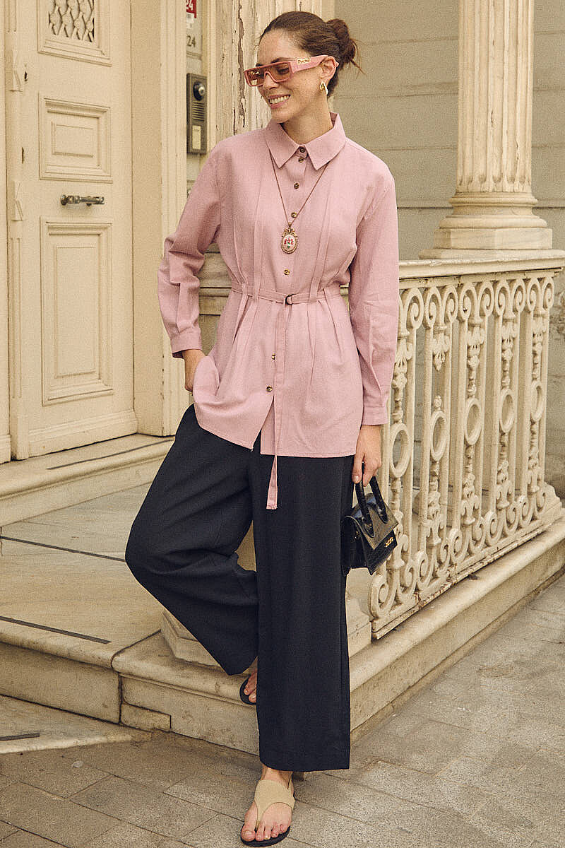 Beli Pileli İlilkli Tunik Pembe - 6