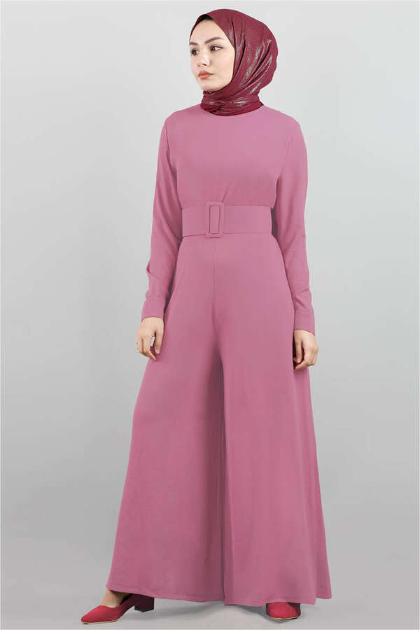 Belted Plain Jumpsuit Dried Rose - 1