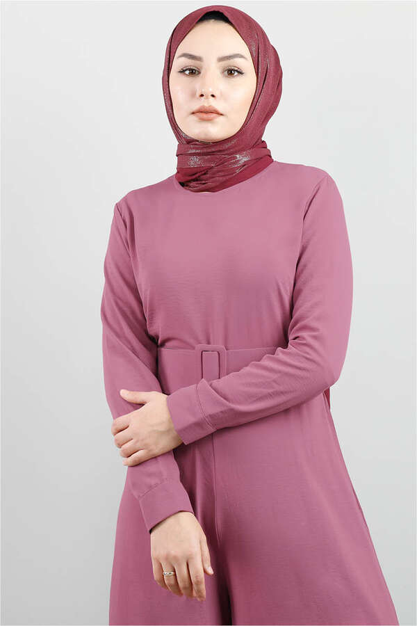 Belted Plain Jumpsuit Dried Rose - 2